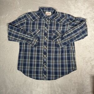 Wrangler American Cowboys Pearl Snap Plaid Western Shirt Mens XL Blue Brown